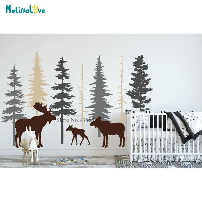 Set of 7 Pine Trees with Moose Woodland Forest Baby Room Nursery Decal Home Decor Removable Vinyl Wall Stickers BD573