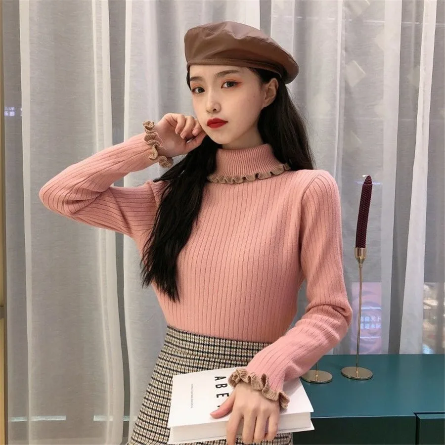 Turtleneck Ruched Women Sweater High Elastic Solid 2021 Fall Winter Fashion Sweater Women Slim Sexy Knitted Pullovers Pink White