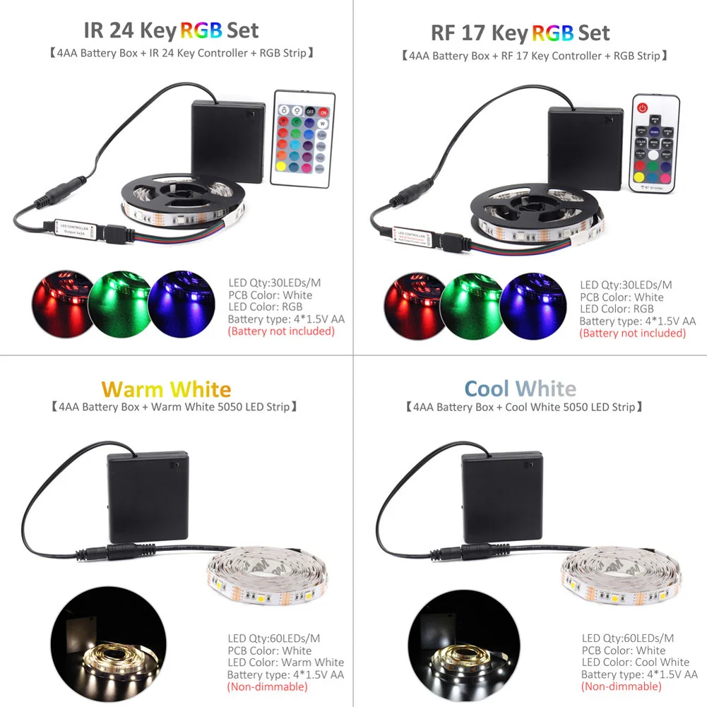 Taśma LED RGB Zasilanie bateryjne SMD 5050 Taśma świetlna Wodoodporny pilot IR RF Zasilany bateryjnie 4AA Taśma LED Fita