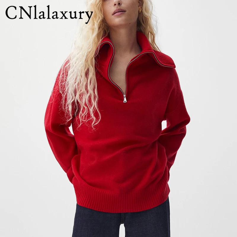 CNlalaxury 2022 Women Sweater Zipper Knitted Pullover Long Sleeve Red Color Loose Ladies Jumper Autumn Winter Female Turtleneck