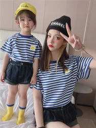 Children Striped Smile T-shirt Parent-child Outfit Clothes Top Summer Korean Boys And Girls Middle Family Matching Outfits