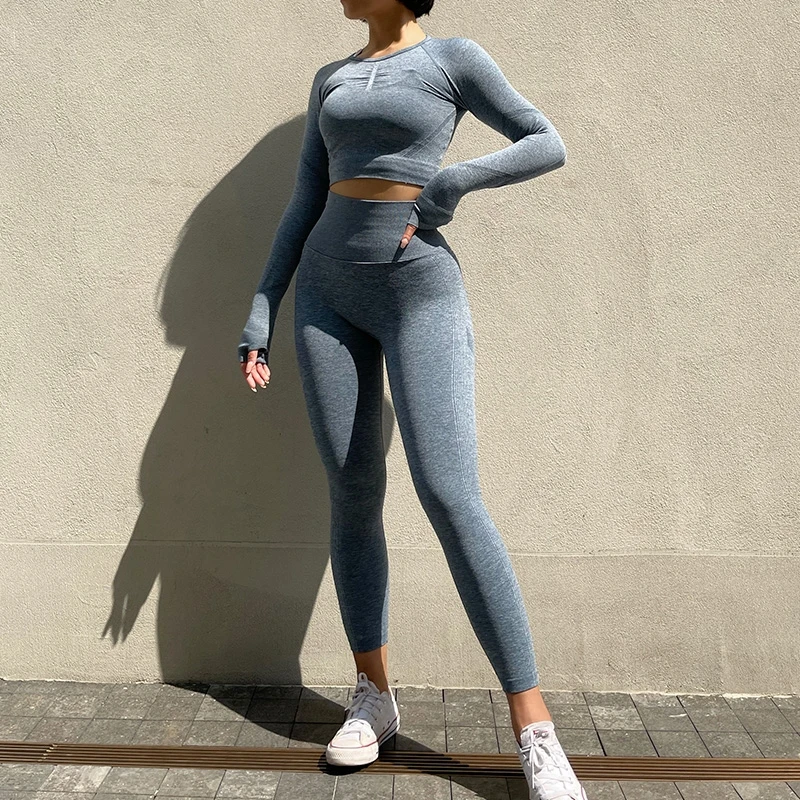 2pcs Women Seamless Yoga Set Workout Clothes Long Sleeve Gym Crop Top High Waist Leggings Fitness Sports Wear Sport Suit Gymwear