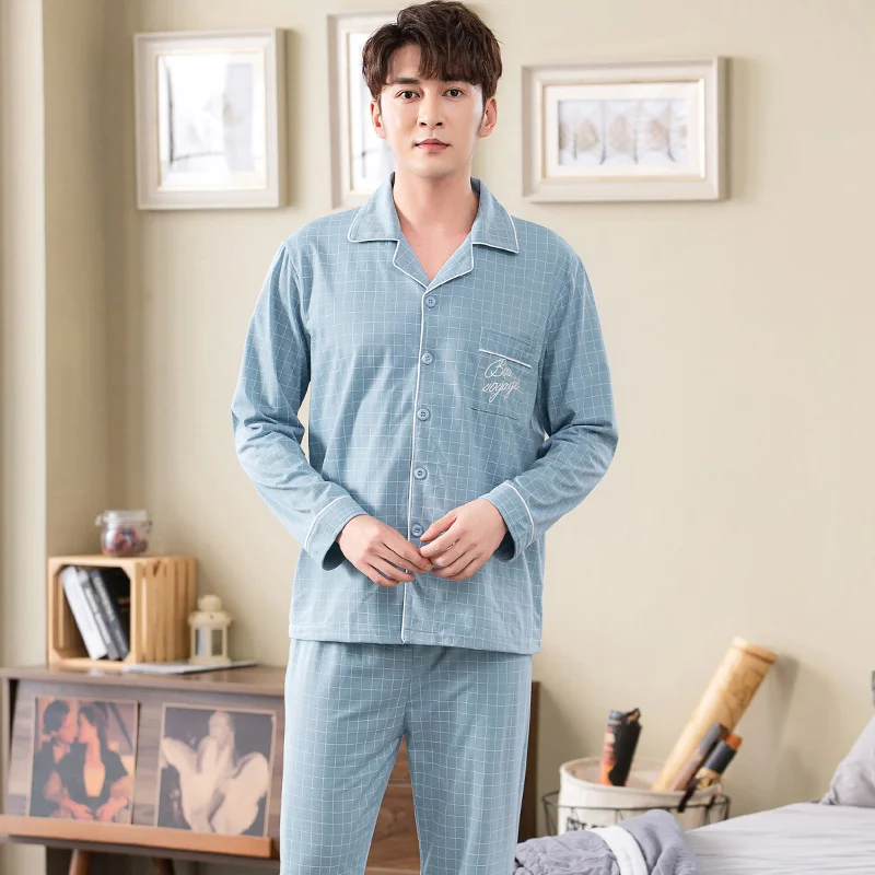 

sky blue plaid print pyjamas male full cotton men pajama sets autumn casual fashion sleepwear men homewear sexy pijamas hombre