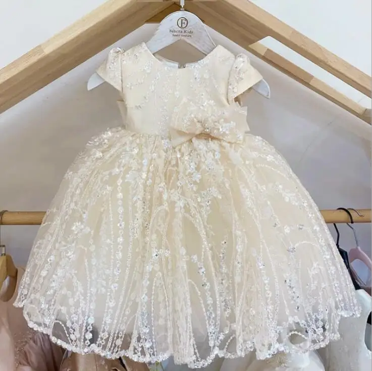 

Champagne Princess Baby Girls Dress Newborn Birthday Sequin Beads Bowknot Tutu Baptism Party Clothes Infant Christening Gown