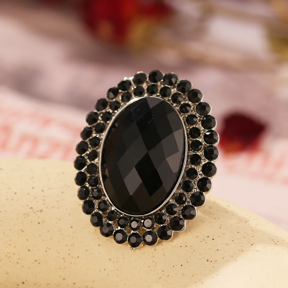 Bohemian style big black stone resin ring antique rhinestone Turkish jewelry vintage wedding ring female accessories