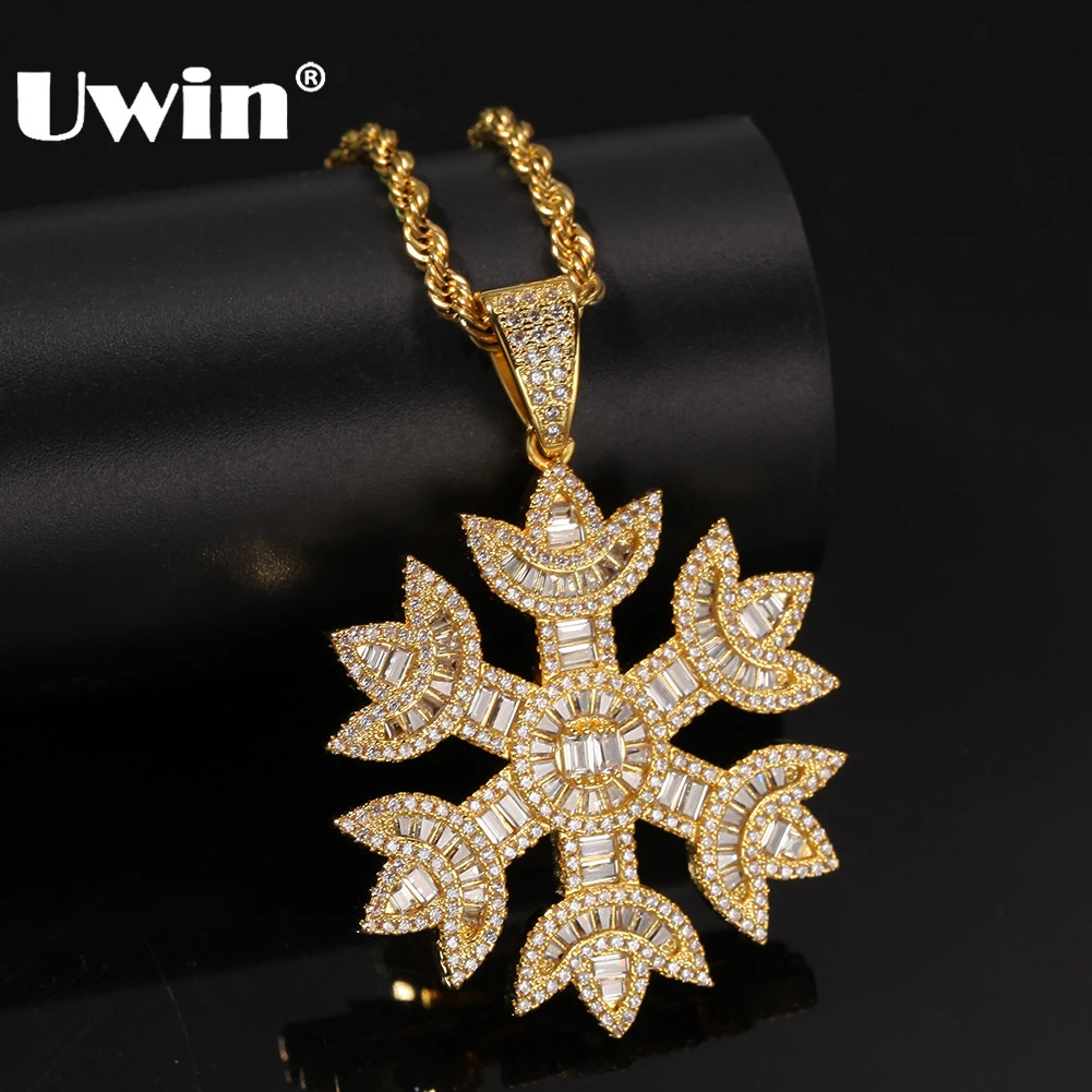 UWIN Fashion Men Women Baguettecz Snow Shape Pendant Necklace Gold Color Iced Bling Bling Cubic Zirconia Hiphop Jewelry