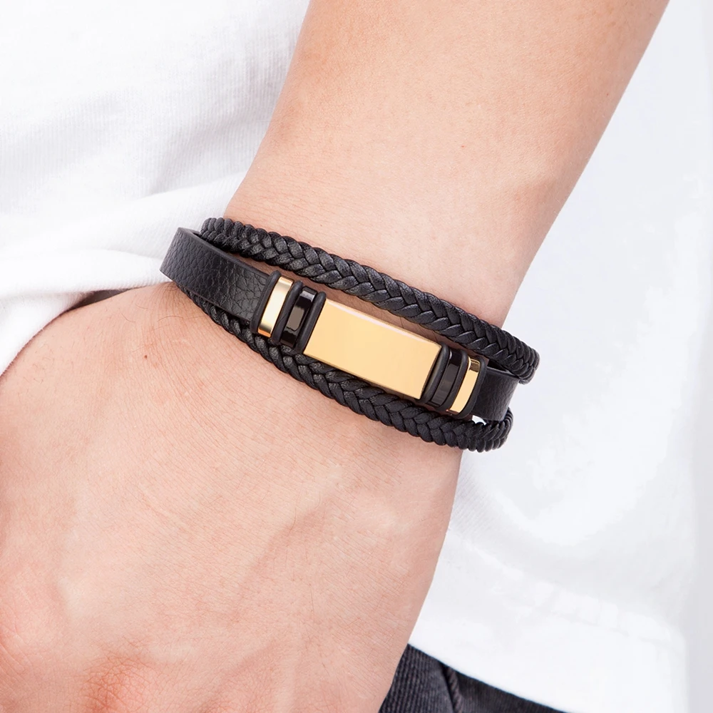 XQNI Combination Small Accessories Stainless Steel Men's Leather Bracelet Multilayer Weaving For Handsome Boys Birthday Gift