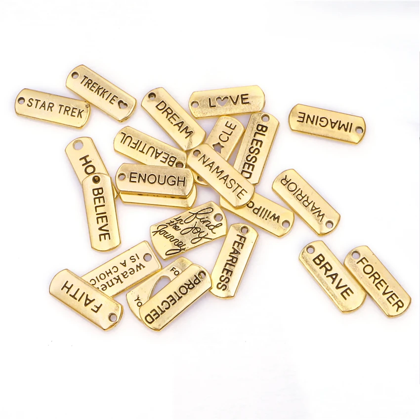 24pcs Word Tags Pendant Charms Antique Gold Color Blessed Faith Believe Trust Family Fearless Dream Hope Forever Love Charms