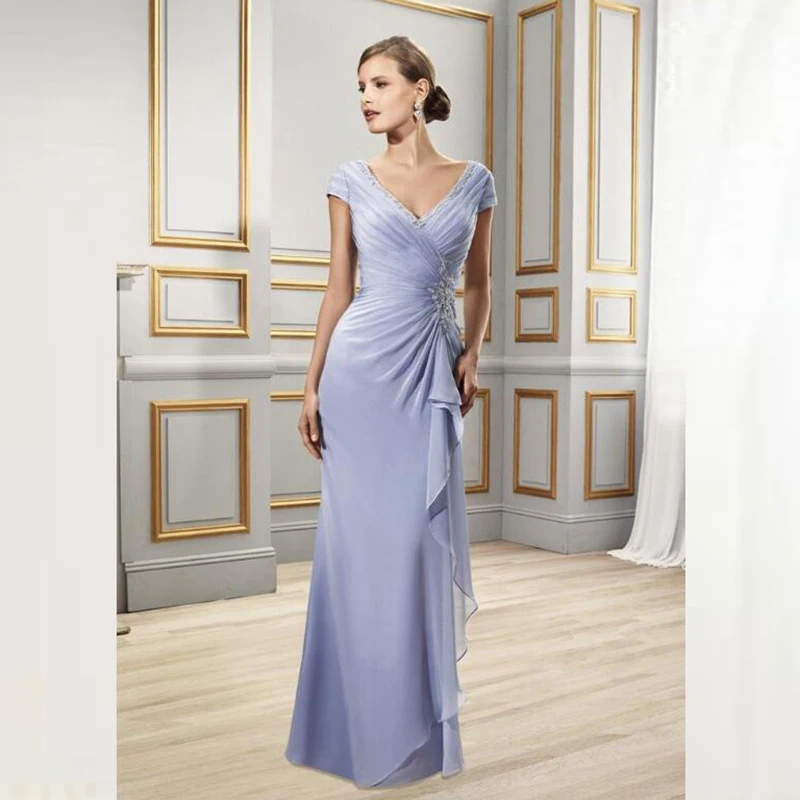 Periwinkle Charming Chiffon Mother of the Bride Dresses 2024 Cap Sleeves Mother Gowns V Neck Wedding Party Gowns Back Out Beaded