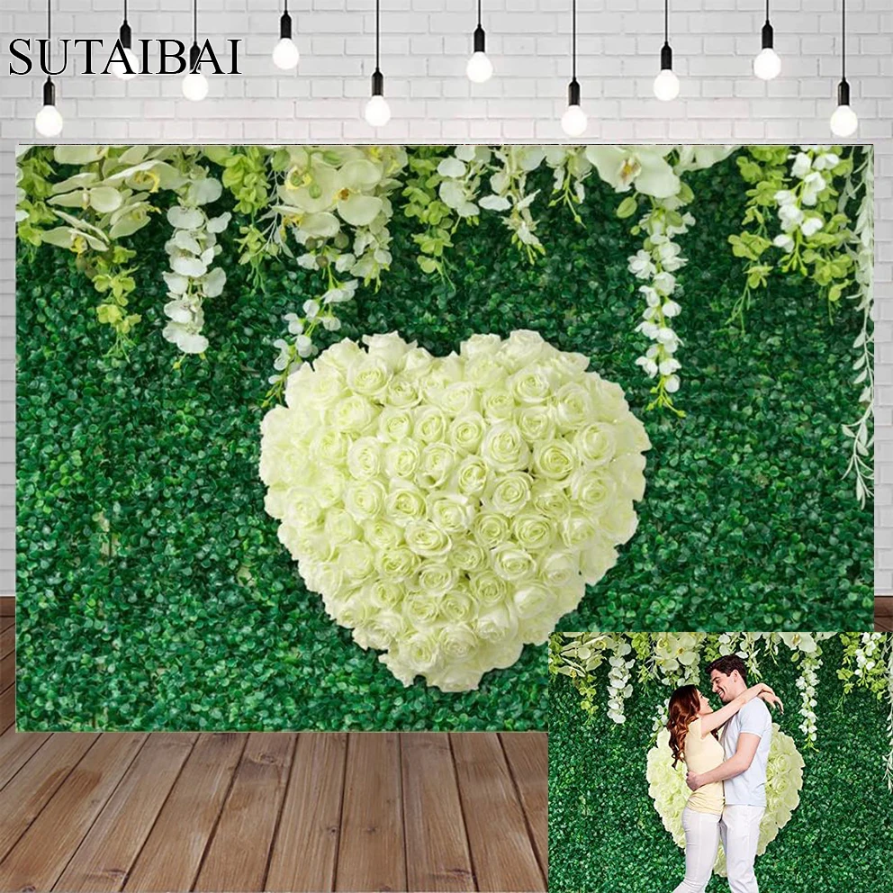 

Valentine's Day Backdrop for Photoshoot Sweethearts Roses Grass Wall Floral Decoration Lovers Portrait Bridal Wedding Background