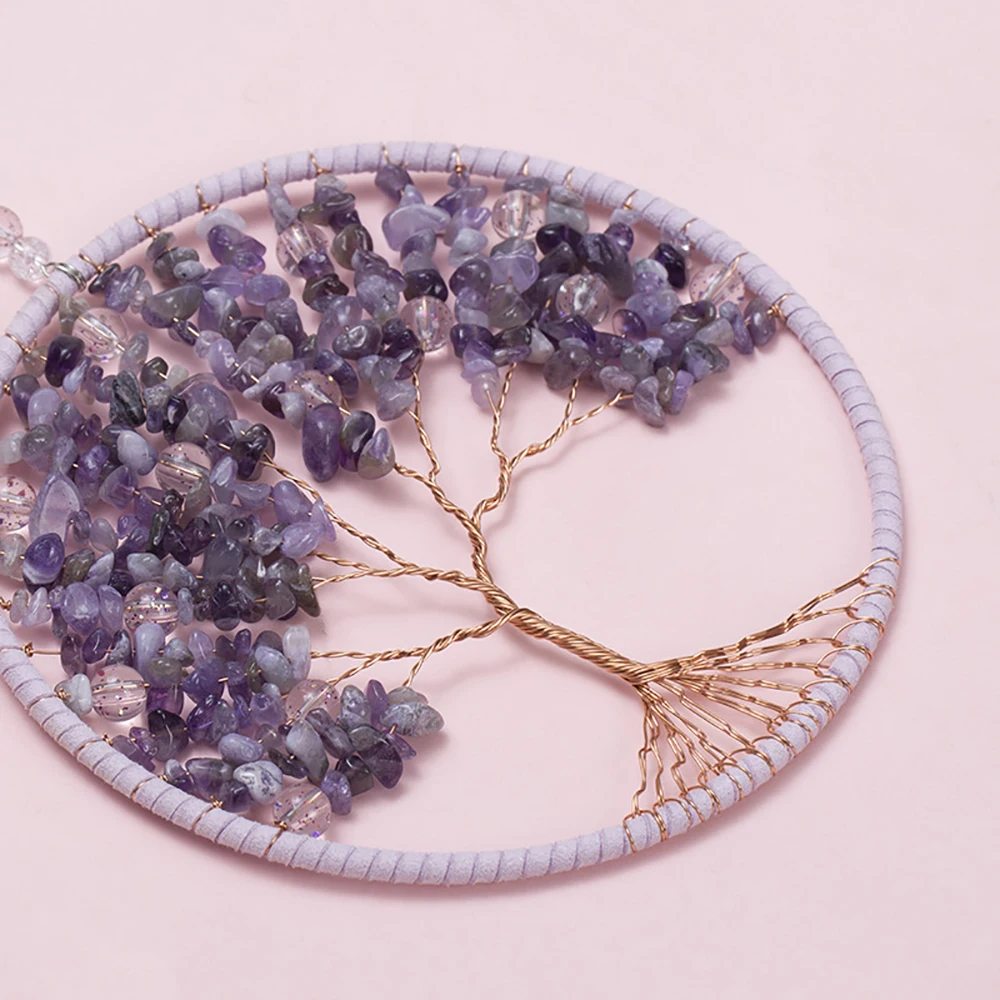Amethyst Healing Crystal Tree of Life Hanging Ornament Wire Quartz Gemstone Wall Window Hanger Home Office Decoration Dia 16cm