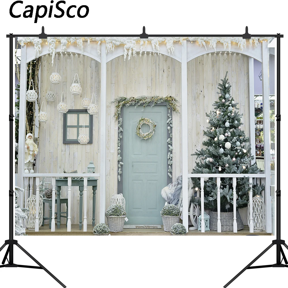 Capisco Christmas Photography Backdrop Tree wreath wood door Background Baby Shower Birthday Party Photo Shoot Booth Studio