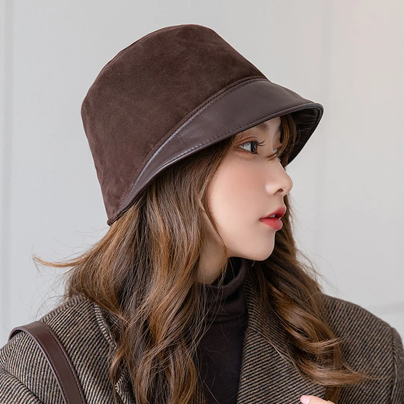 New Spring Japanese Retro Genuine Leather Women Bucket Hat Lady Fisherman Cap Gorro Women Cover Face Street Flat Cap