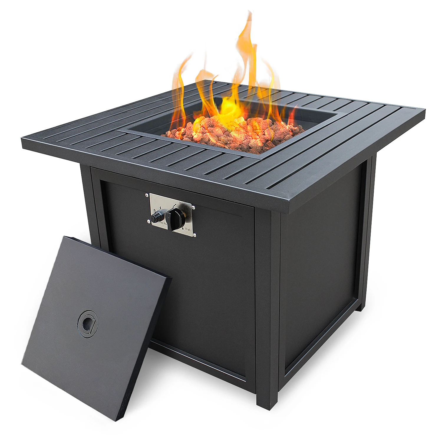 28.5x28.5x24.4 Inch Gas Fire Pit Table Slat Top Black[US-Stock]