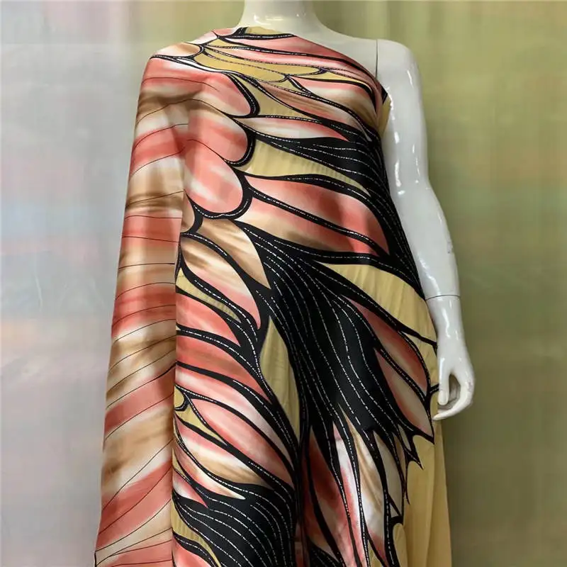 Hot sale high quality african silk satin fabric for lady dress printed silk sewing material 5 yards. N06