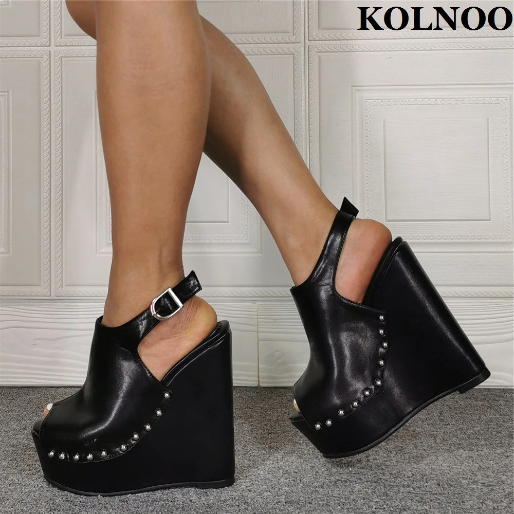 

Kolnoo New Real Pictures Handmade Women Wedges Heel Sandals Buckle Strap Slingback Rivets Spikes Peep-toe Fashion Black Shoes