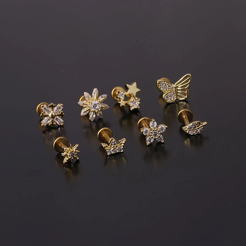 1PC 16G Flower Crown Butterfly Star Ear Piercing Cz Cartilage Helix Daith Conch Rook Tragus Stud Labret Back Piercing Jewelry