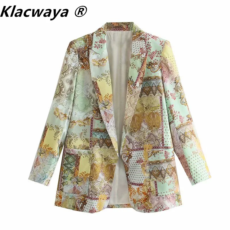 Klacwaya Za Women 2021 Fashion Printing Casual No Buttons Blazer Coat Vintage Long Sleeve Pockets Female Outerwear Chic Blazers