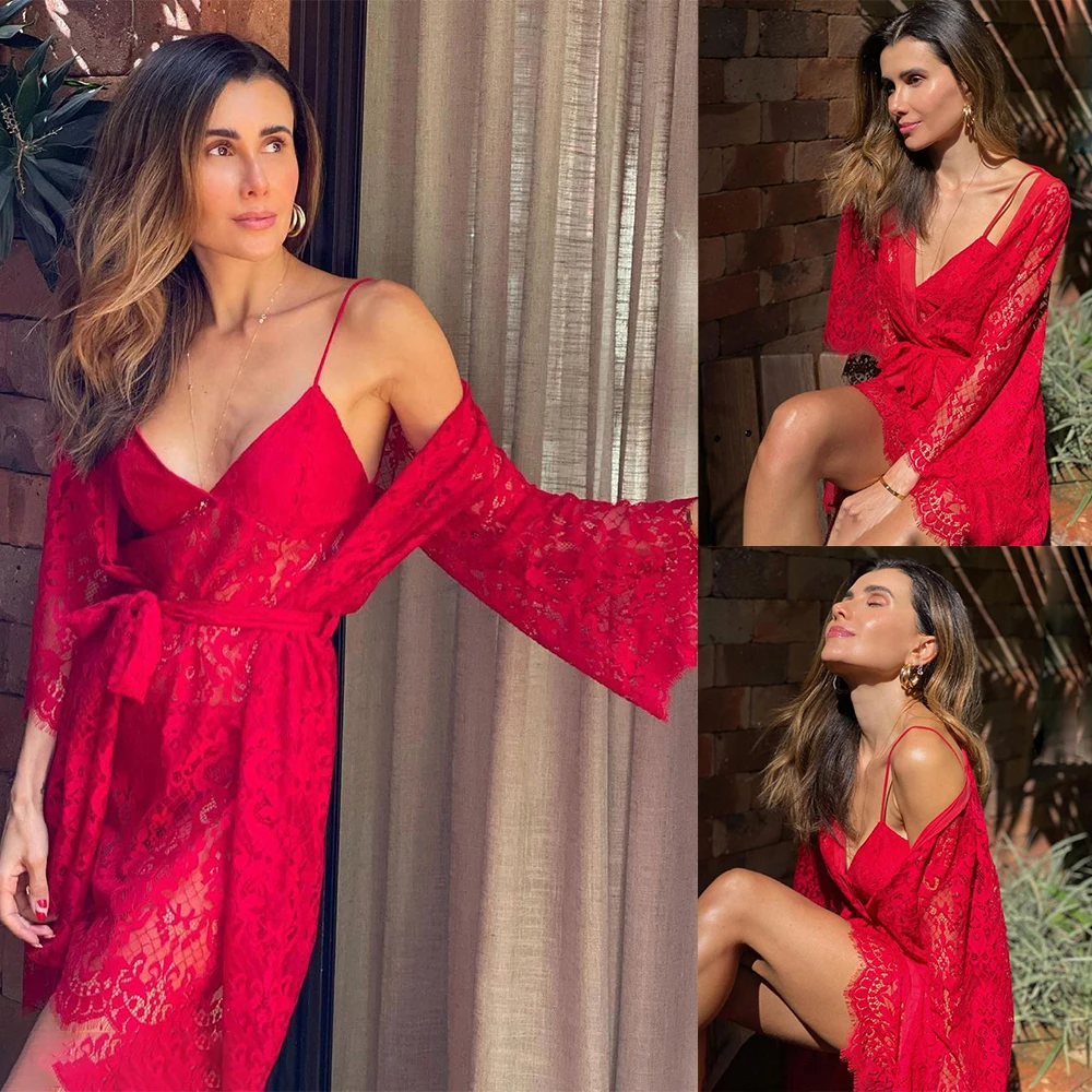 Sexy Red Lace Women Sleepwear Spaghetti Kimono Pregnant Party Sleepwear With Belt Sheer Nightgown Robe 2 pieces Set