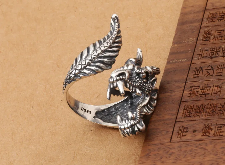 Men Ring 100 Real 925 Sterling Silver colour Domineering Dragon Opening Vintage Thai Big Thumb Ring Brand Fine Jewelry Wholesale