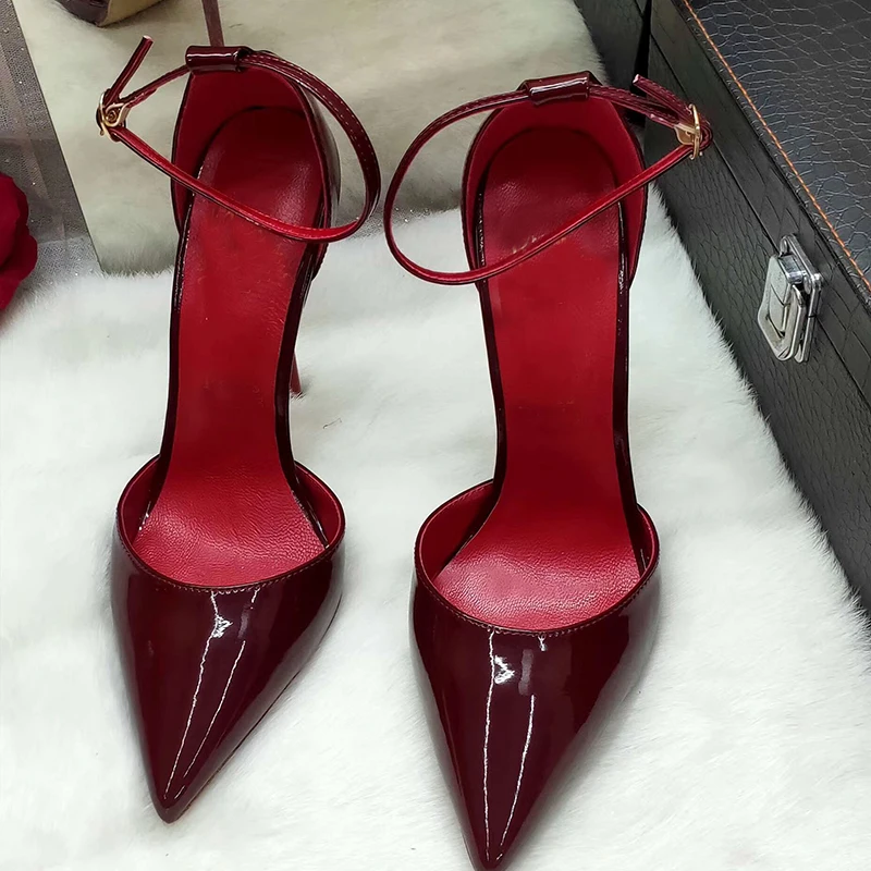 Two Pieces Style Patent Leather Pointy Toe Elegant Thin High Heels Women Sandals Shoes