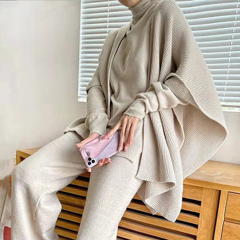 LANMREM Three Pieces Sets For Women 2024 Spring Solid Color Long Sleeve Sweater Top Elastic Waist Casual Pants Suits2J703