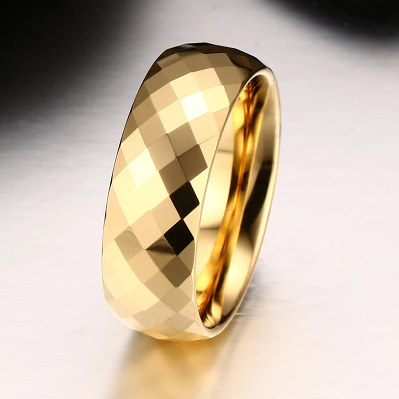 High Quality Fashion 8mm Tungsten Mens Ring Rhombus Cut Bands Gold Color Rings for Men Wedding Engagement Jewelry Accessories