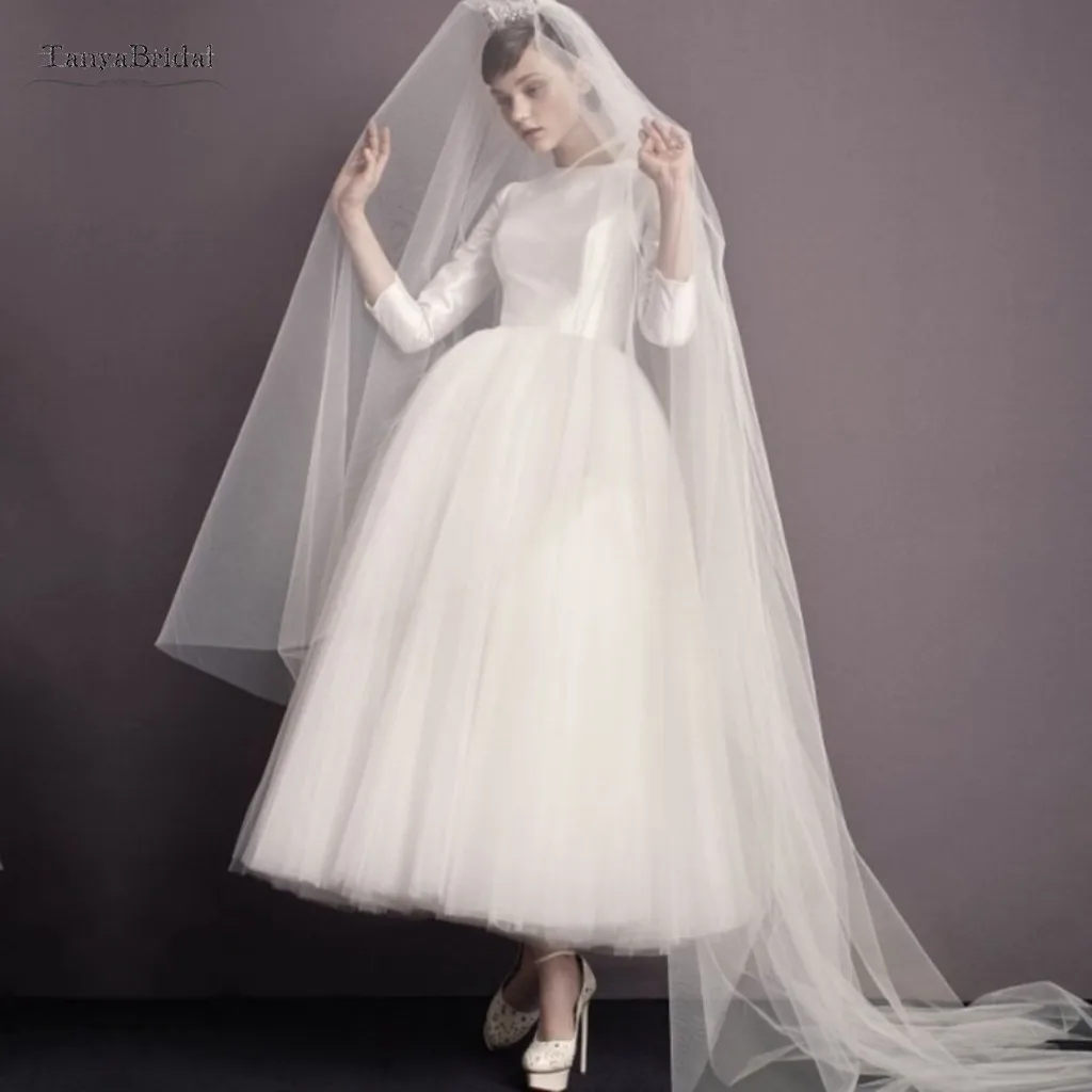 Tanya Simple Wedding Dresses 2021 3/4 Sleeves Scoop Neck Satin Tulle Bride Dress Elegant French Crepe Bridal Gowns SWD008