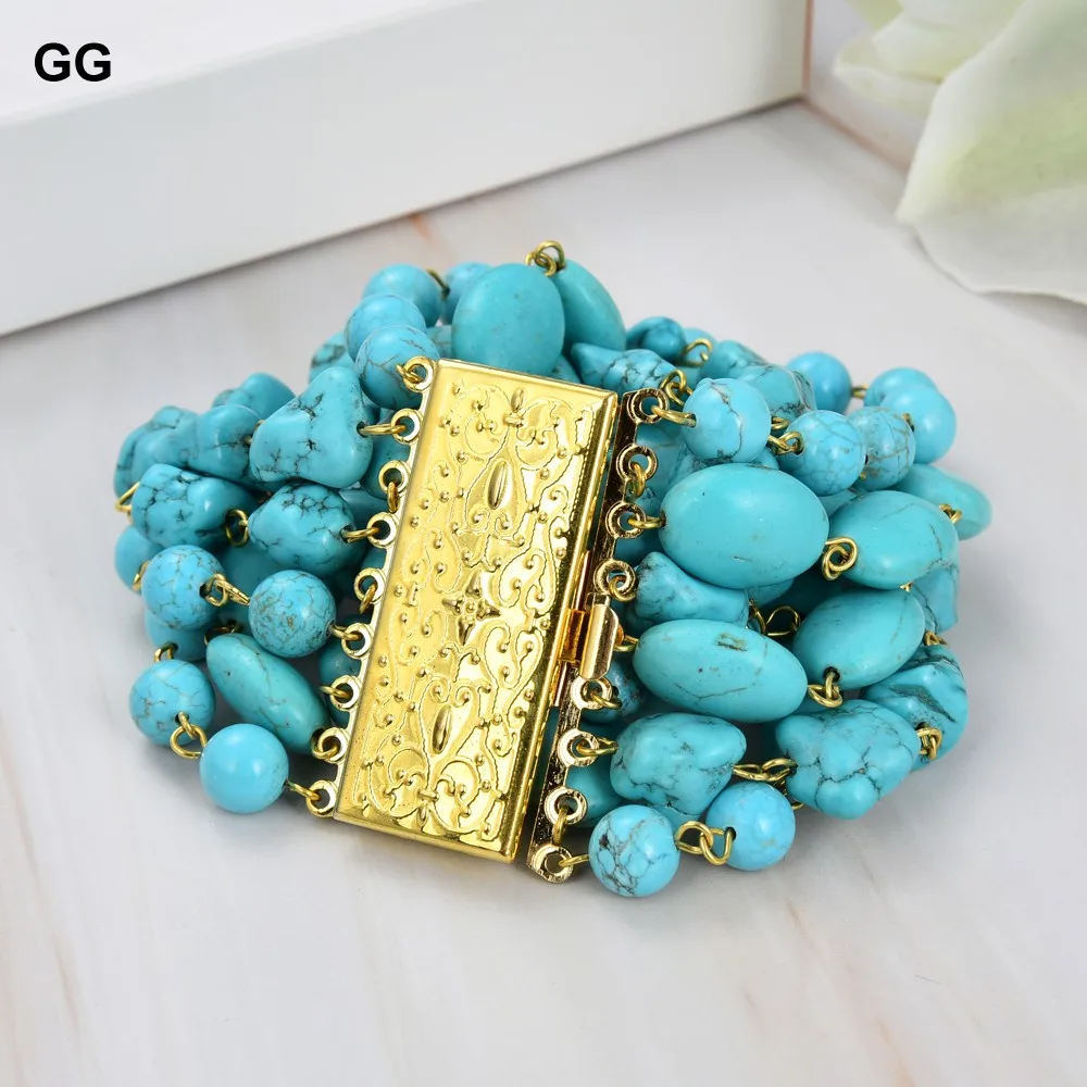 GG Natural 9 Strands Blue Turquoise Gems Stone Bracelet Cute For Women