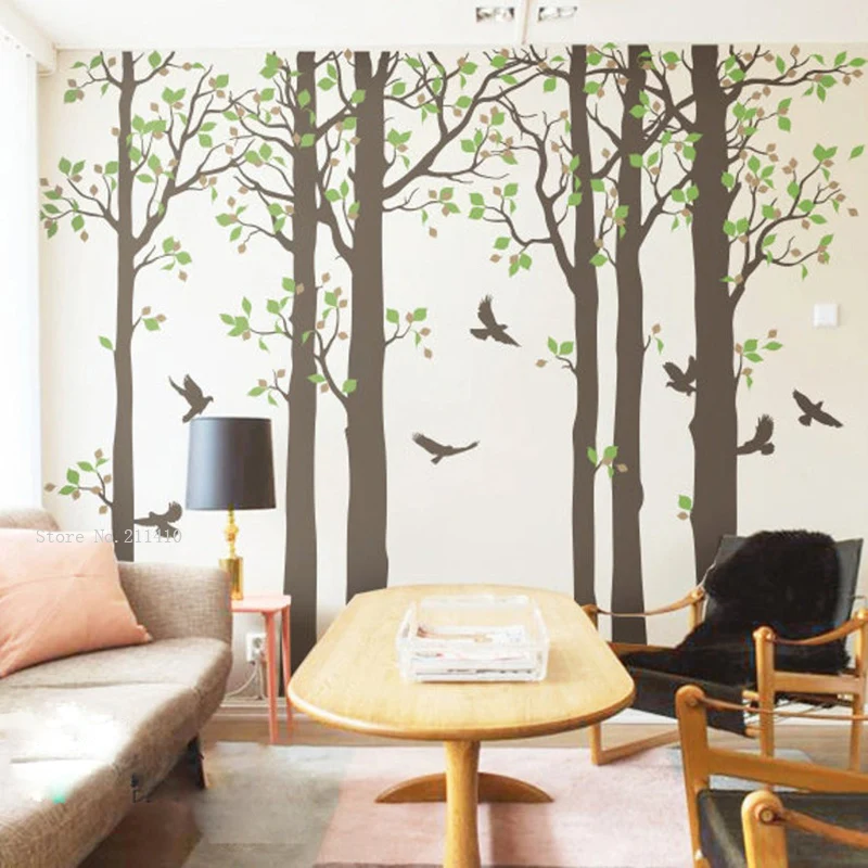 Large Size Forest Tree Wall Stickers Six Trunks Home Decor Living Bedroom Decals with Birds Leafy DIY Murals Removable YT5665