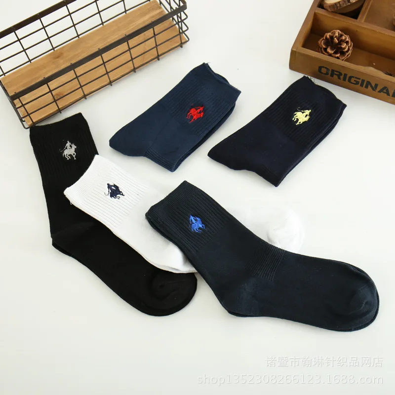 PIER Meias Polo de algodão para homens, cor sólida, bordado, Harajuku, 5 pares, calcetines masculinos, meias Happy, 100% algodão