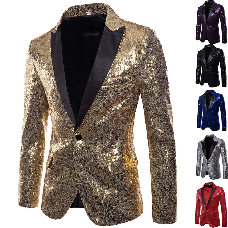 

New Embellished Gold Glitter Sequins Men Jacket Prom Evening Suit Men Blazer Suit Men Suit Stage Singer Clothes