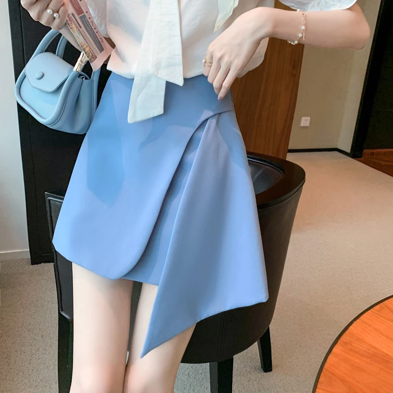 

Women's Minimalist Mini Skirt Solid High Waist Wrapping Up Asymmetric Women A-Line Skirts Above Knee Summer 2021