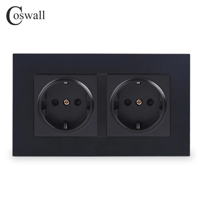 COSWALL Simple Style PC Panel 16A EU Standard Wall Power Double Socket Grounded With Children Protective Lock 146*86mm