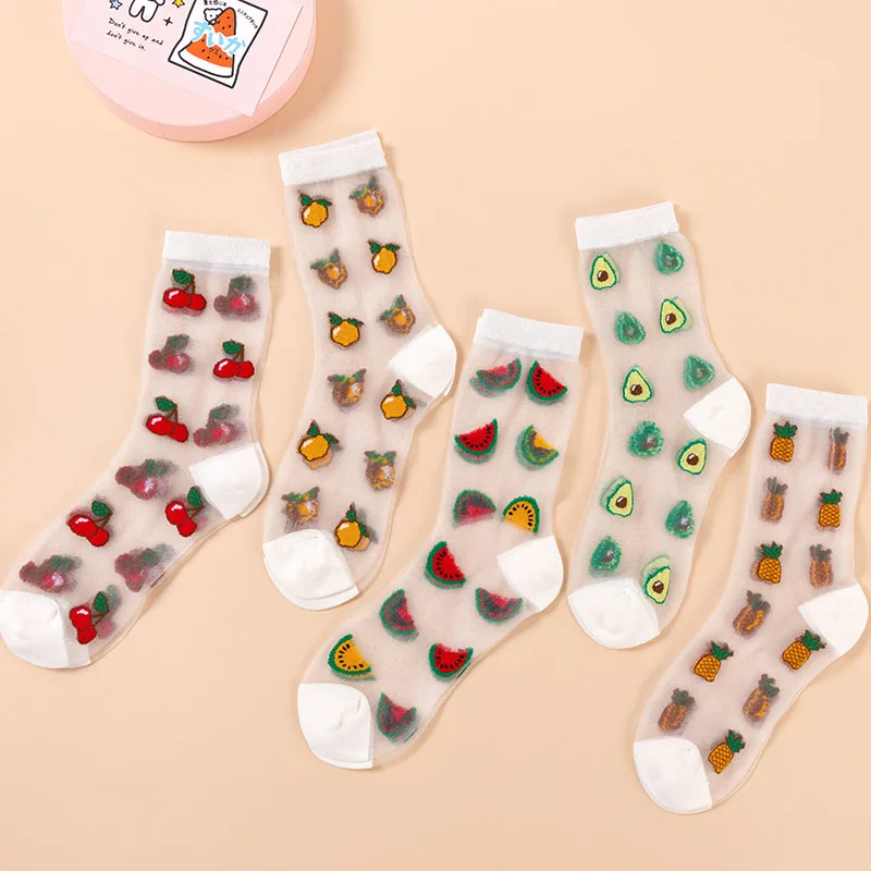 

Creative Design Breathable Korean Style Thin Transparent Funny Socks Women Fruit Avocado Watermelon Pineapple Glass Lace