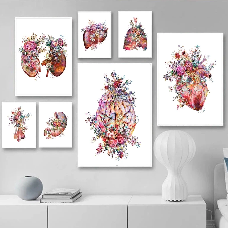 Pintura em tela médica de arte de anatomia colorida, órgãos florais, coração, pulmão, poster, educação, hospital, imagens de parede, decoração de casa