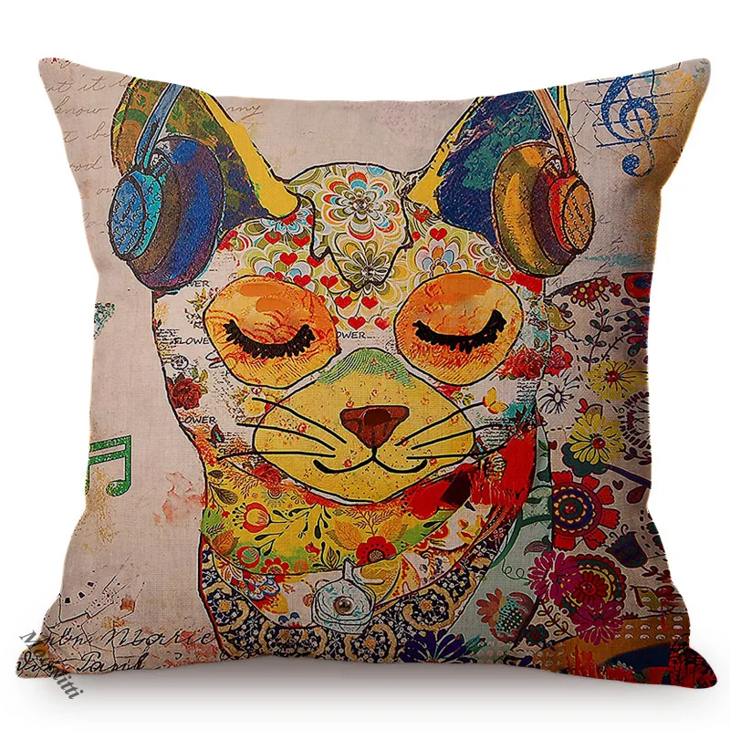 Europe Hand-Painted Cartoon Animals Cat Dog Fox Children Room Cute Decorative Cushion Cover Cotton Linen Sofa Throw Pillow Case