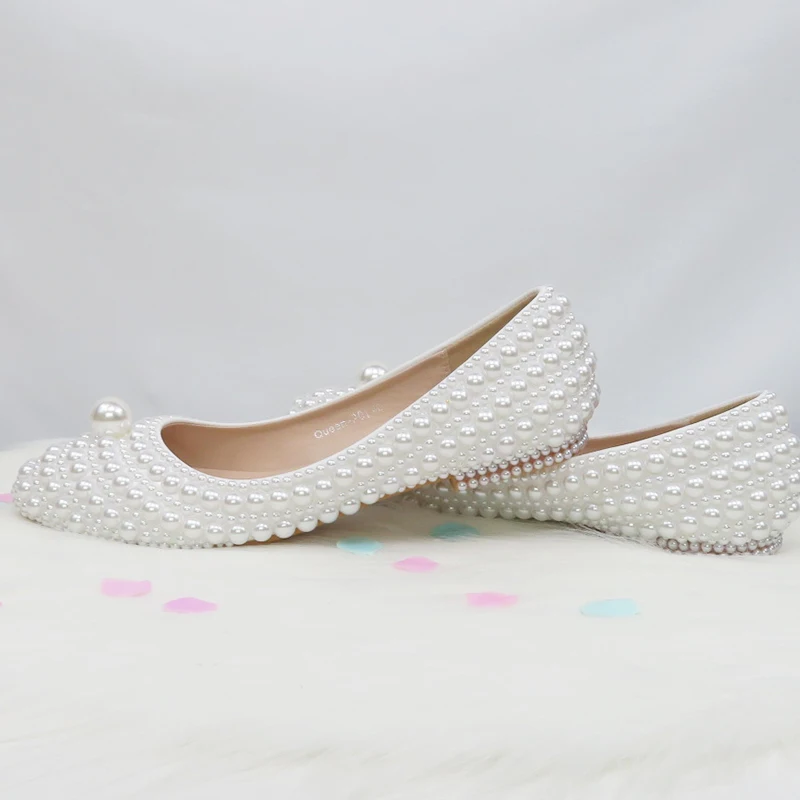 BaoYaFang New Arrive White Pearl Wedding Flat Shoes With Matching Bag Bride Pointed Toe Party Dress Shoes Woman Big Size Flat