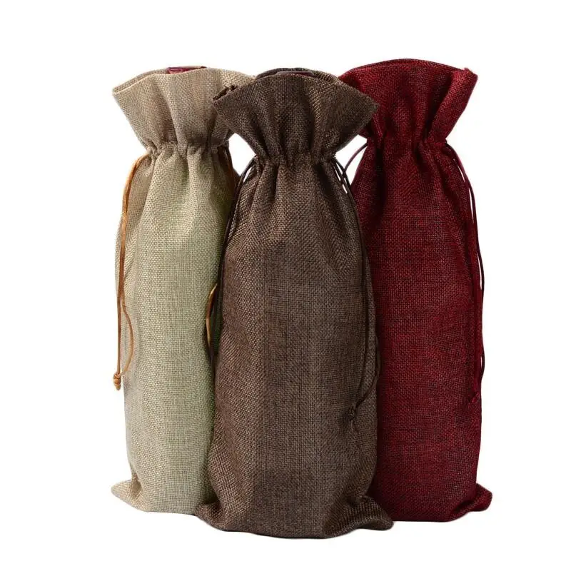 Jute Champagne Wine Bottle Drawstring Covers Gift Pouch Burlap Packaging Bag Wedding Party Decoration