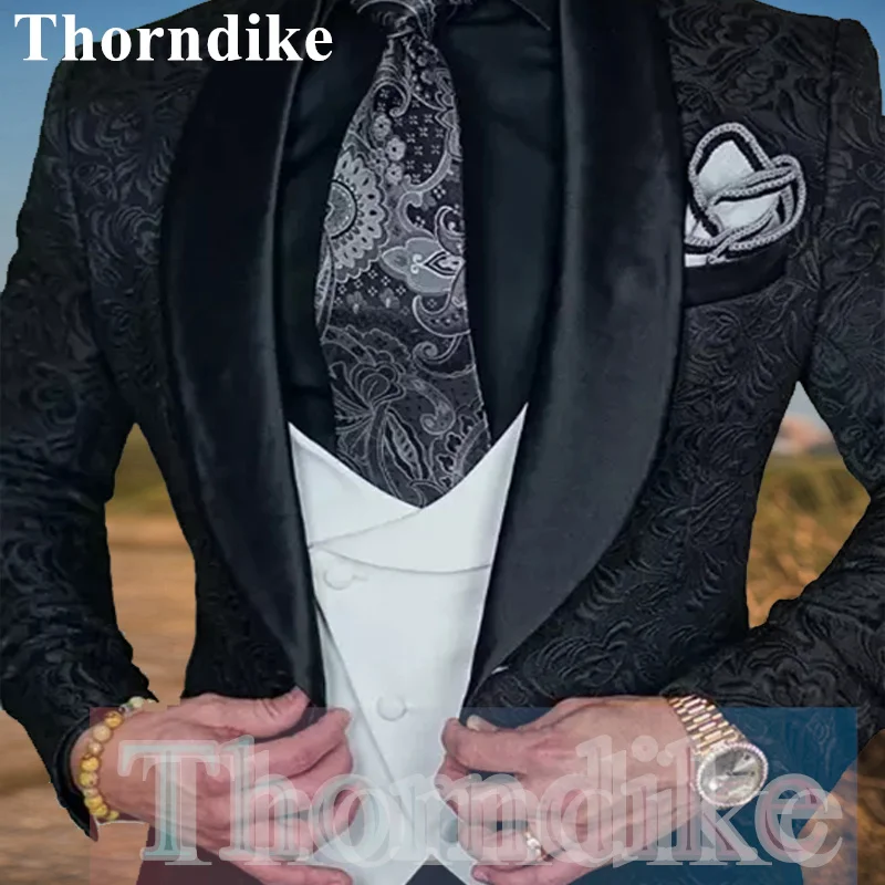 

Thorndike 2021 New Style 3 Piece SetMen's Black Jacquard White Vest Wedding Suit Male Business Groom Party Dinner Suit Jacket