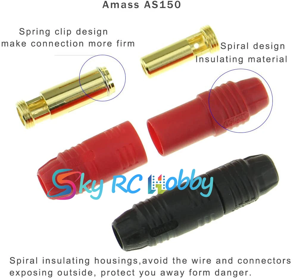 2 Paar/6 Paar Amass AS150 Stecker-Buchse Anti-Funktion-Stecker 7mm vergoldeter Bananenstecker-Set für Batterie, ESC und Ladekabel – Detail 6
