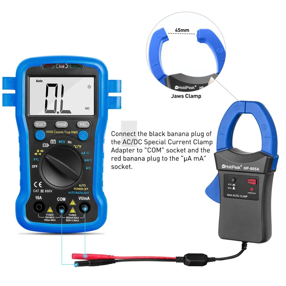 Holdpeak HP-605A Clamp Adapter 600A AC/DC Current  Power LED 45mm Jaw caliber used by Digital Mutlimeter