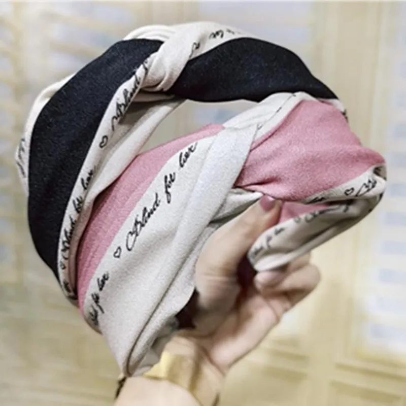 Women Hair Accessories Letters Print Headband Wide Color Blocking Fabric Hairband Cross Ladies/Girls Face Washing Hair Holder