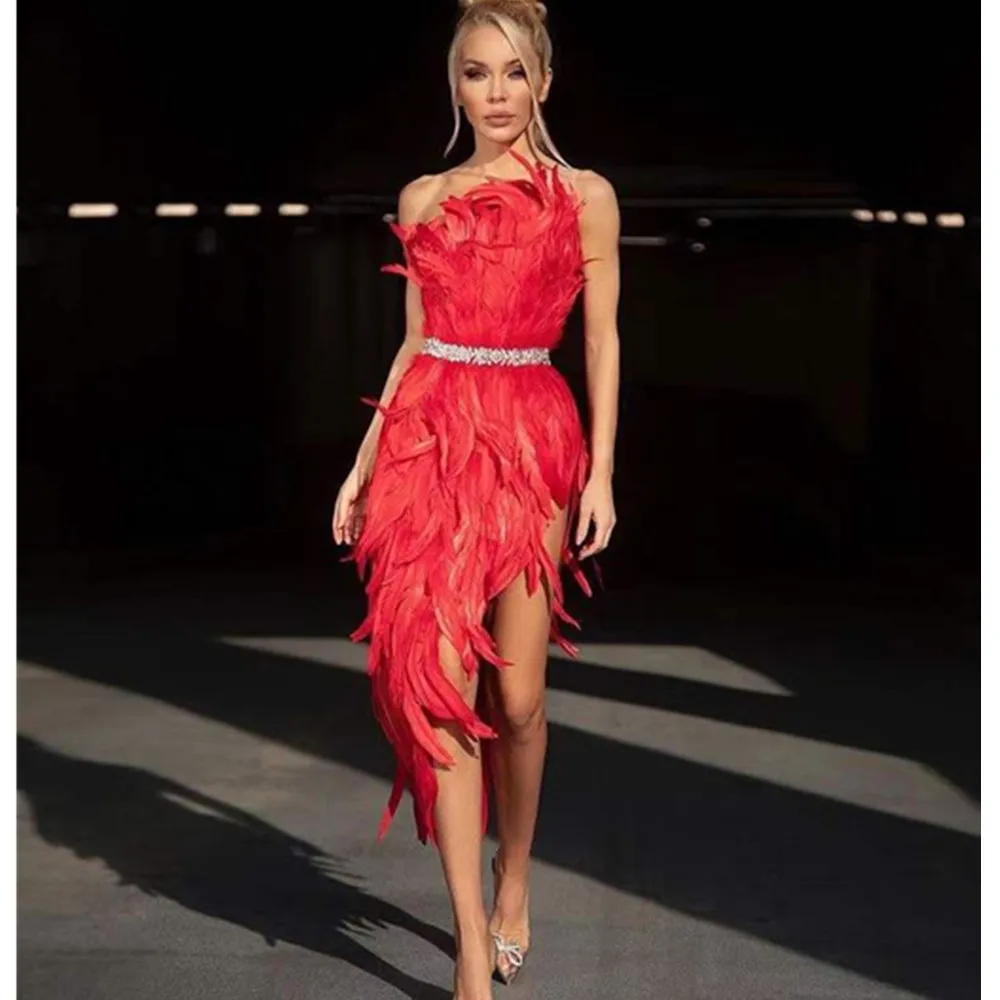 Women Summer Sexy Strapless Backless Beading Sequins Glitter Feather Red Bodycon Dress 2021 Designer Evening Party Dress Vestido