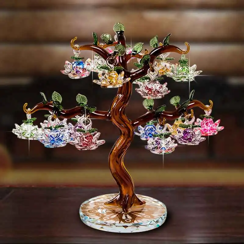 High-end Crystal Glass Lotus Tree with 6/8/10/12/18pcs Lotus Fengshui Craft Home Decor Figurines Christmas Gifts Souvenirs Decor