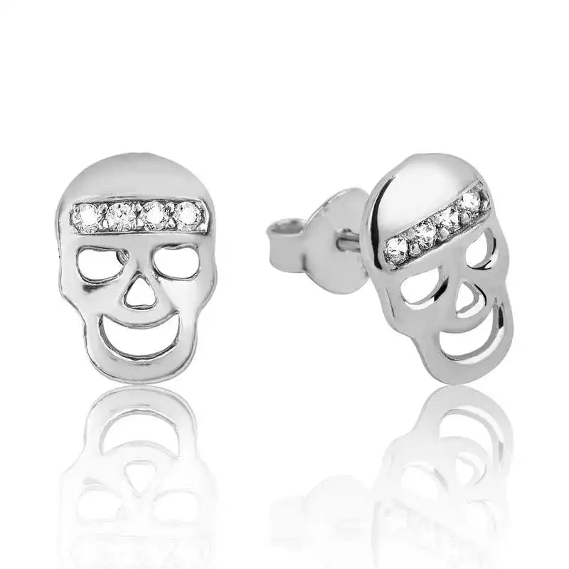 Silver Skull Stud Earrings Zircon Stone 925 Sterling Women for Jewelry Wedding Party Birthday Gift - Box - Fashion - Girl - Special Days