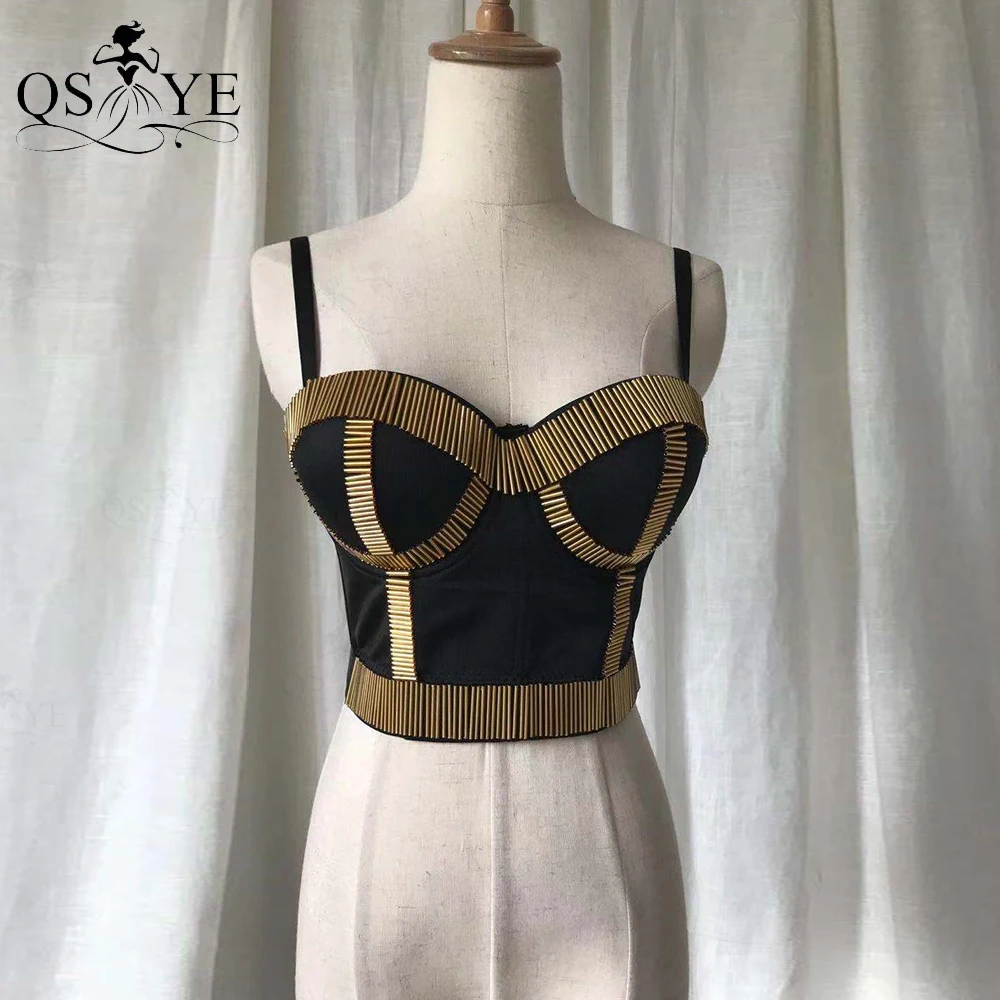 QSYYE-vestido de noche negro para mujer, Sexy, con cuentas de tubo dorado, Top corto con costuras de malla, escote corazón, para club nocturno, vestido de fiesta sin espalda