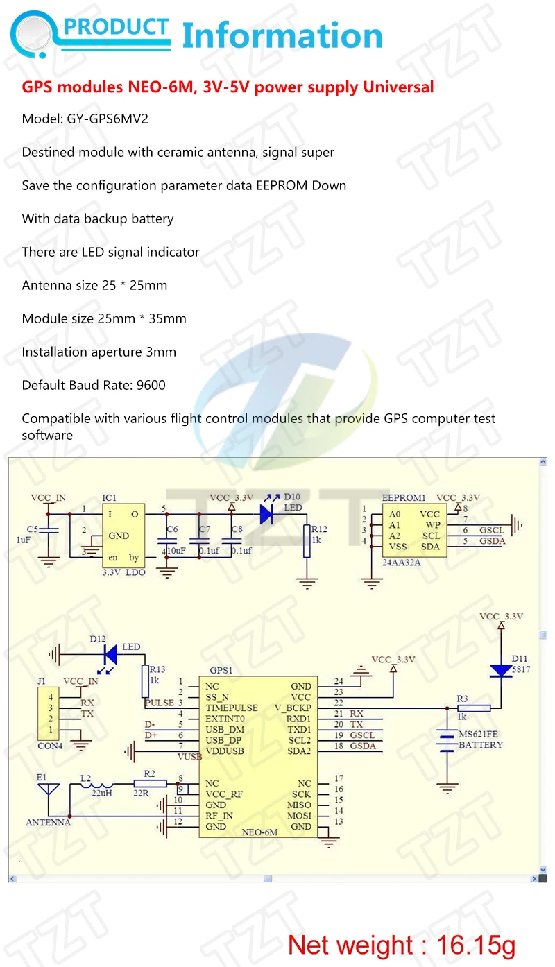 TZT GY-NEO6MV2 neues NEO-6M GPS-Modul NEO6MV2 mit Flight Control EEPROM MWC APM2.5 große Antenne für Arduino – Detail 5