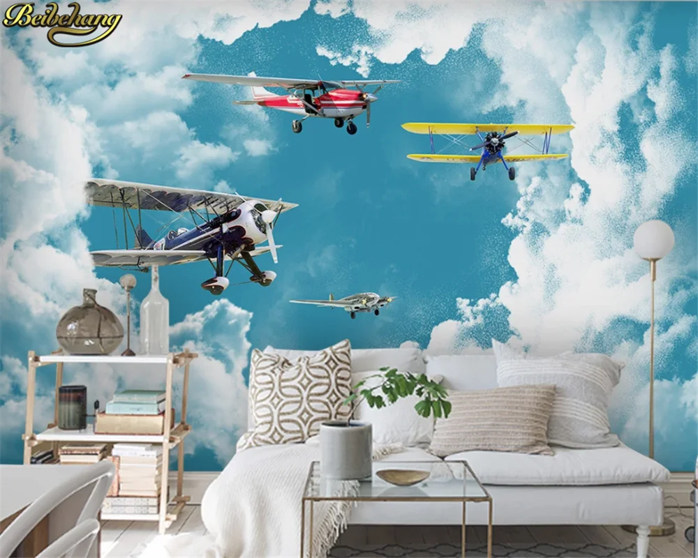 beibehang Custom wallpaper mural modern minimalist mediterranean blue sky white cloud airplane children's room background wall