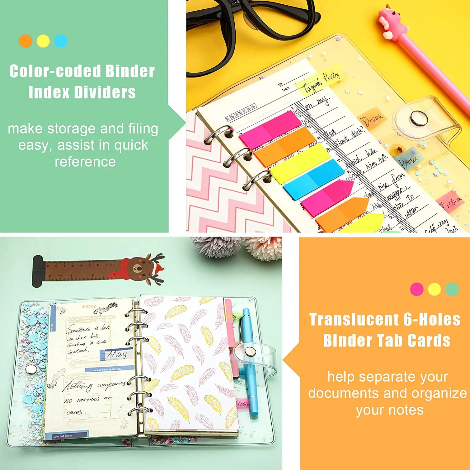 A6 Refillable Paper Set with Colorful Inserts, Lined Paper, Binder Pockets, Index Tabs, for Planner Organizer Notebook Journal